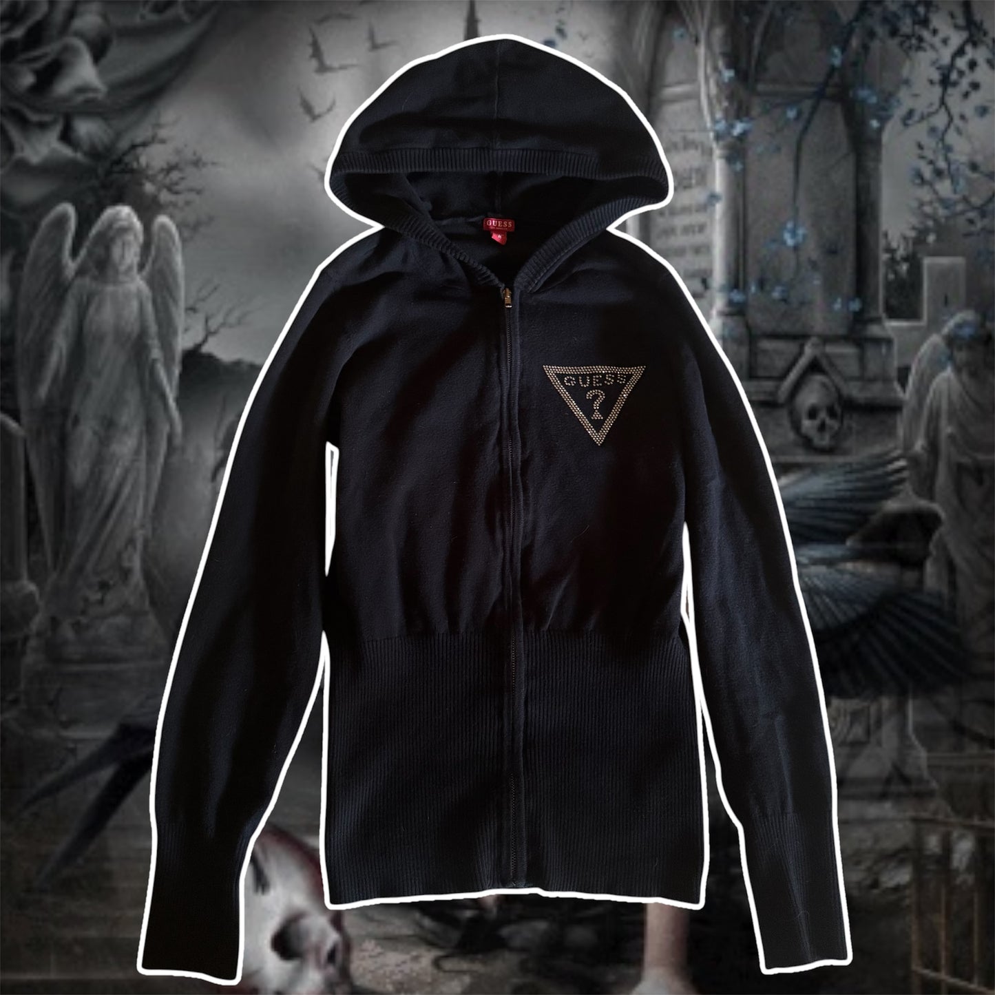 black rhinestone guess fitted knitted zip up hoodie jacket (M)