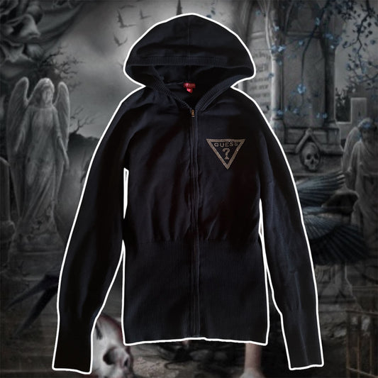 black rhinestone guess fitted knitted zip up hoodie jacket (M)