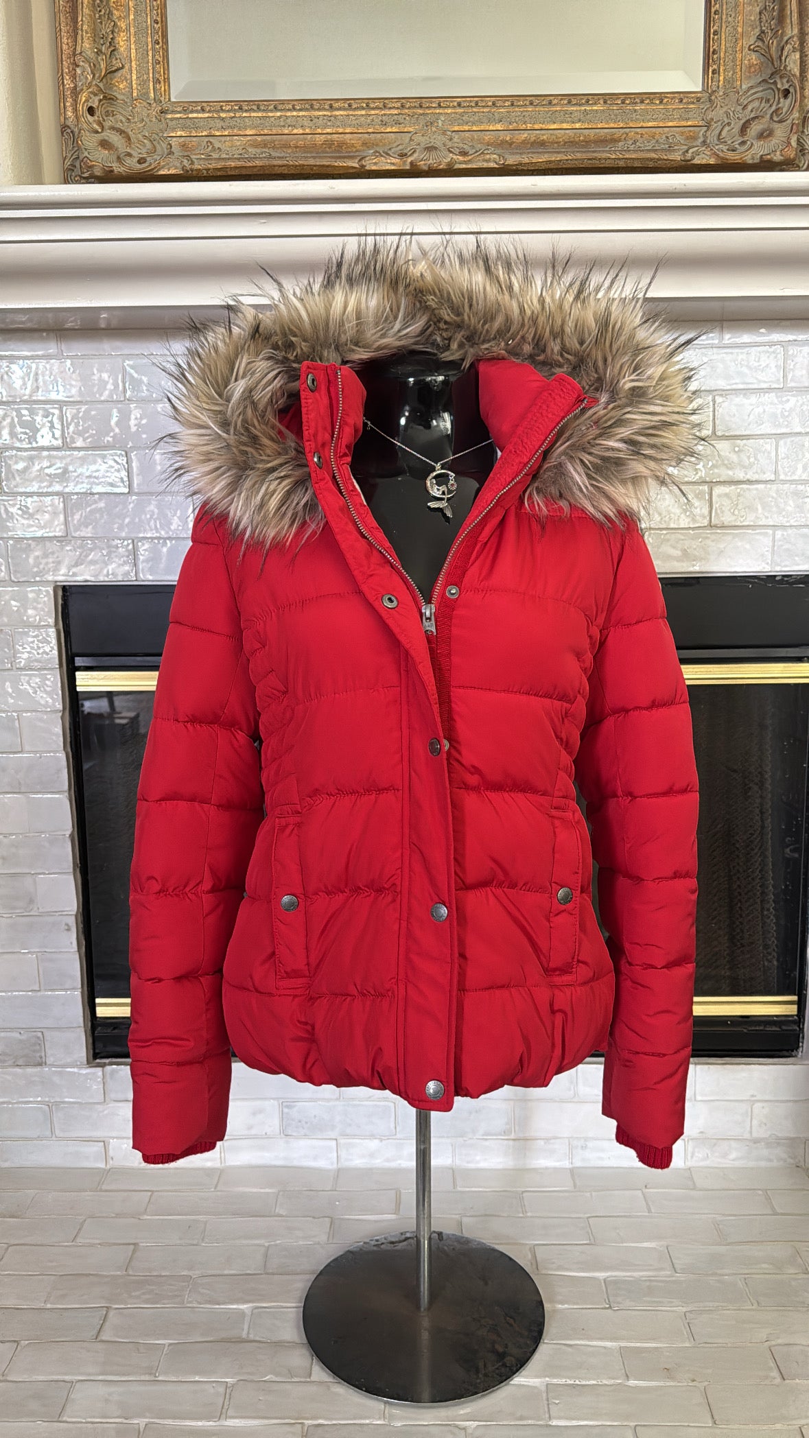 red abercrombie & fitch puffer fur trim premium jacket