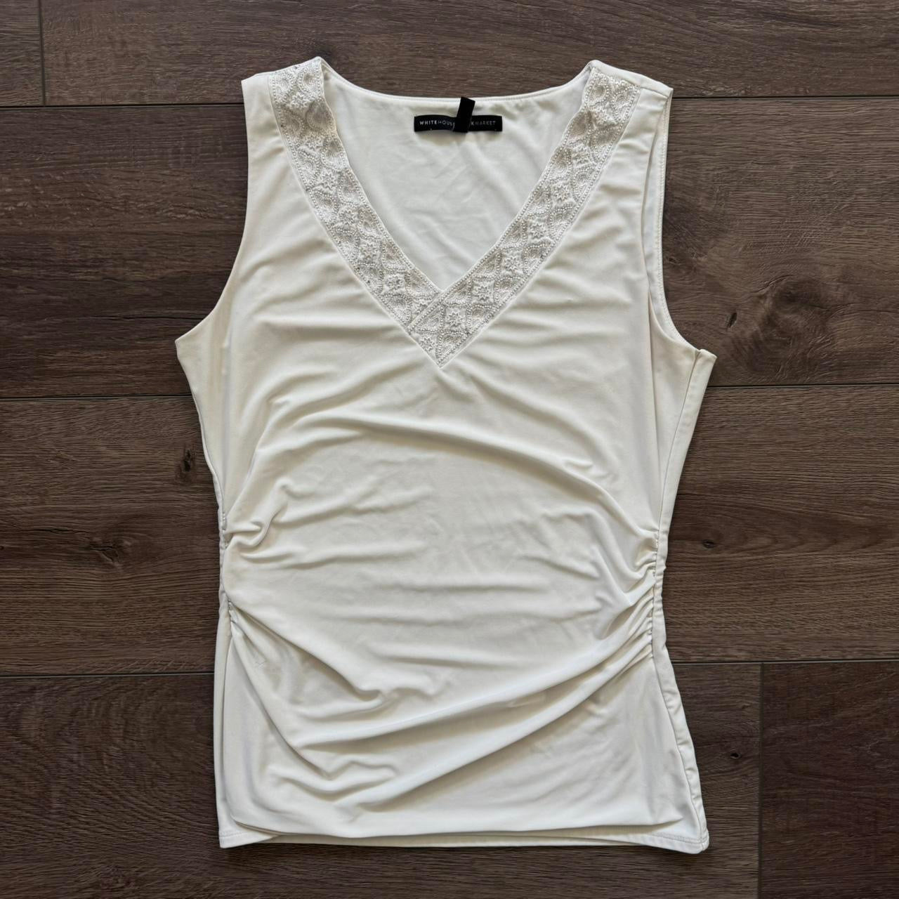 white sequin trim v neck ruched blouse