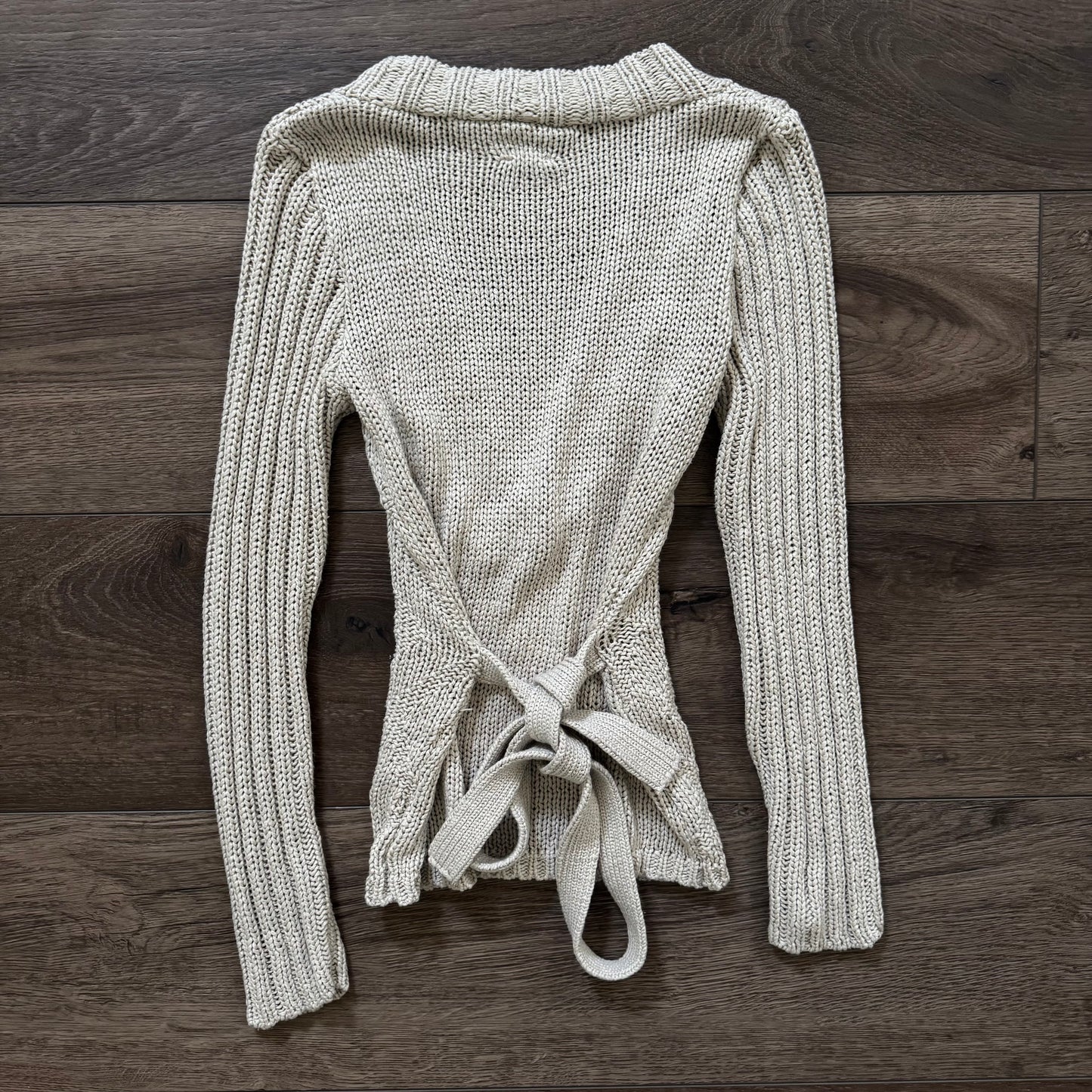 beige euro deep v neck sweater tie back blouse