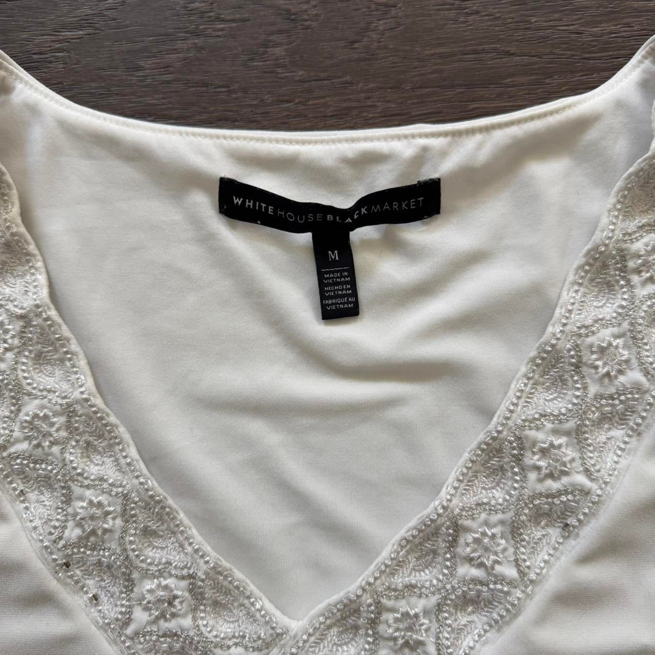 white sequin trim v neck ruched blouse