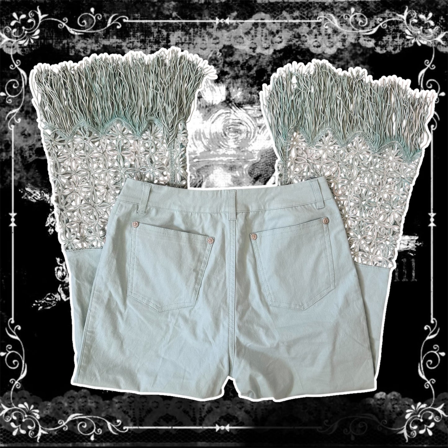 teal blue euro italian designer high waisted fringe capri pants