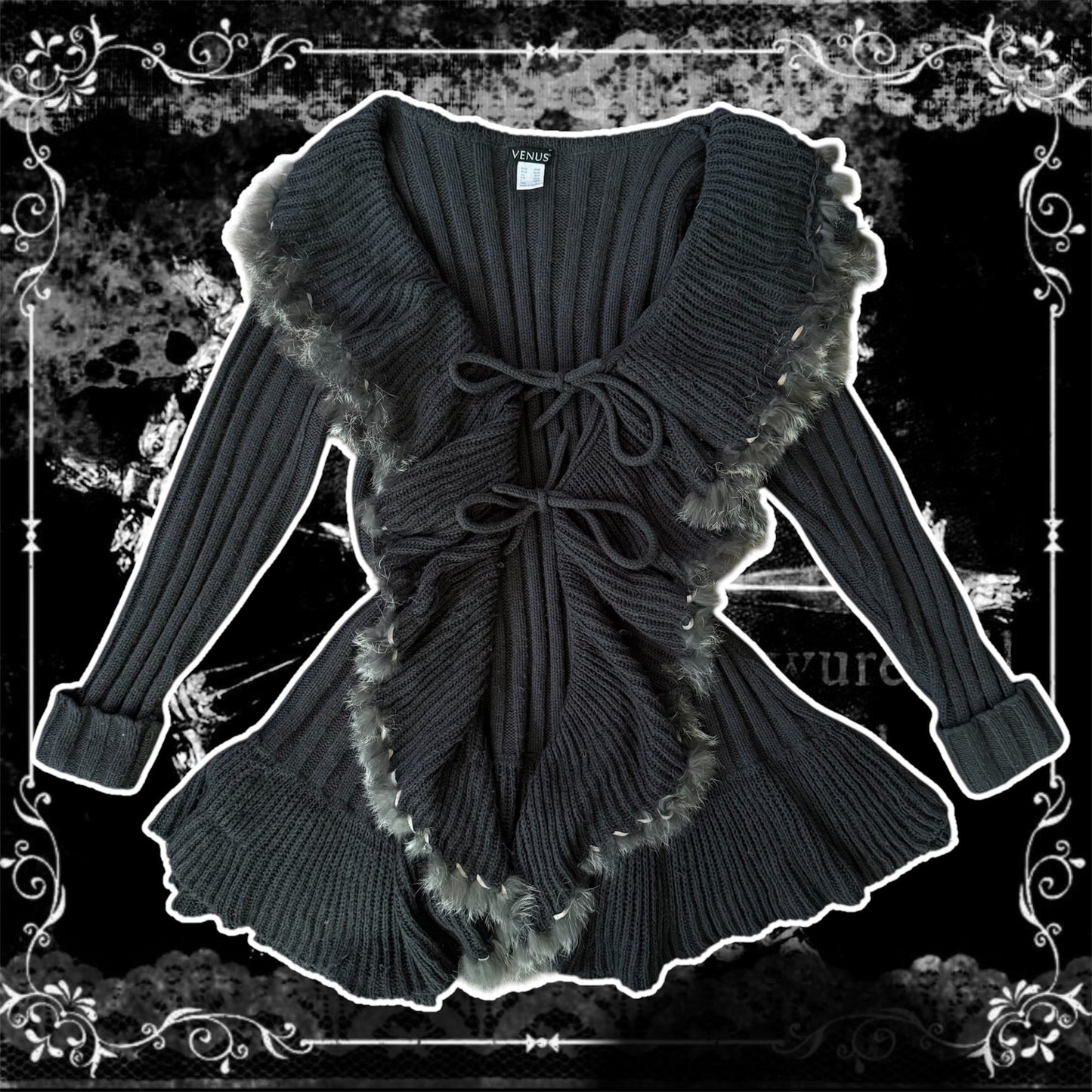 grey pennylane fur trim gothic knitted cardigan sweater