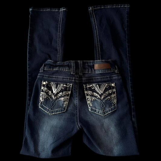 Denim Blue ‘Wallflower’ Y2K Rhinestone Embellished Slim Bootcut Jeans