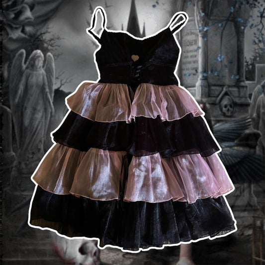 black and pink lolita gothic puffy dress (S)
