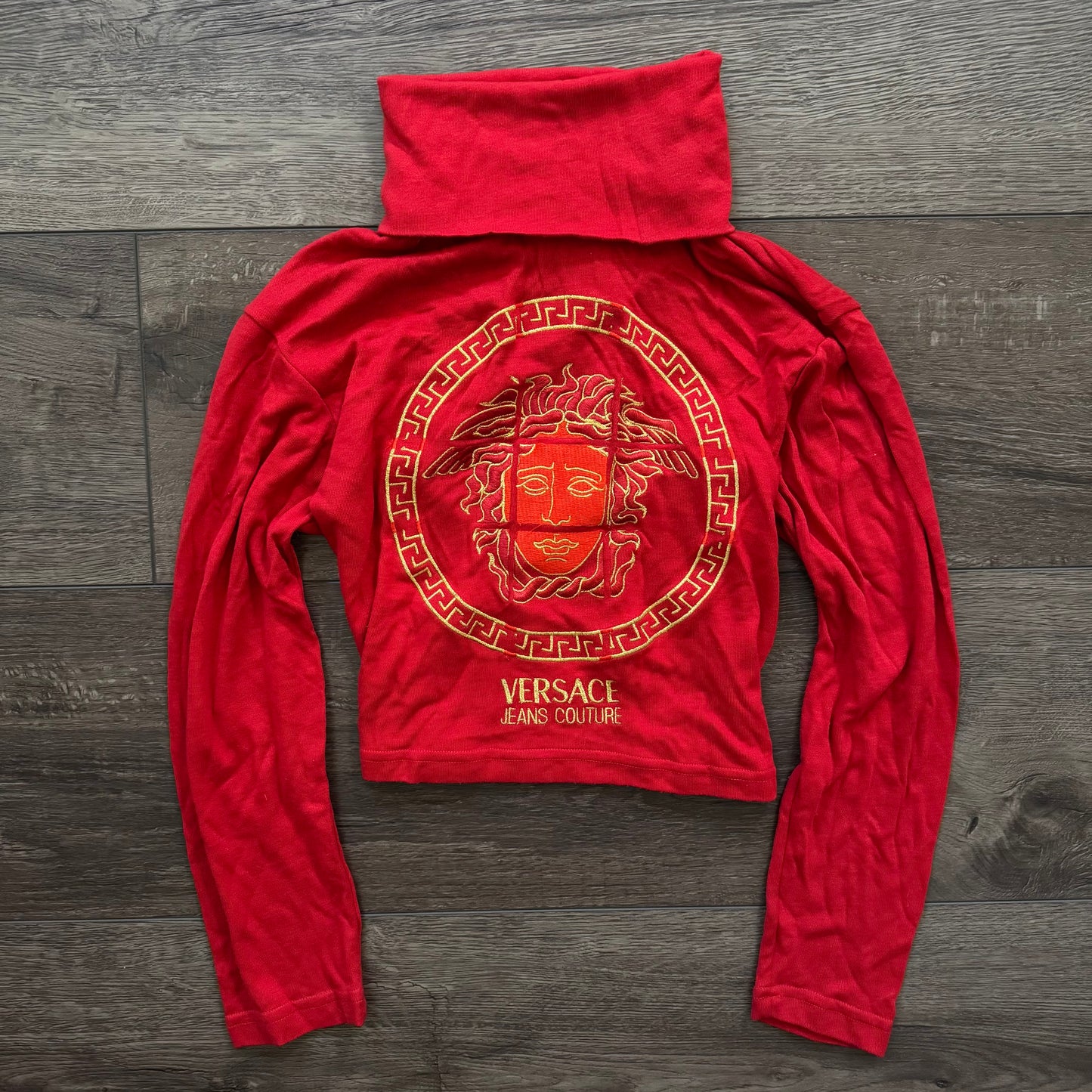 red & gold versace jeans couture long sleeve turtleneck top