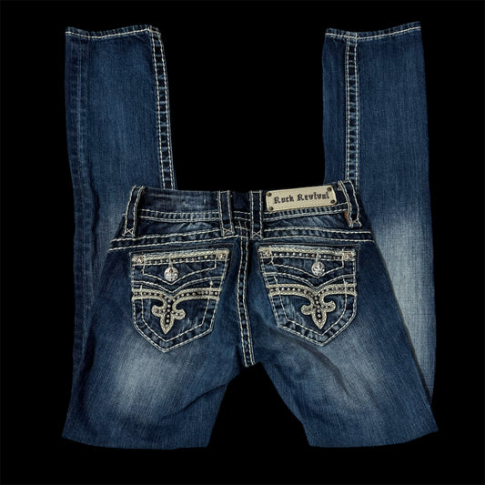 Denim Blue ‘Rock Revival’ Mcbling Embellished Y2K Lowrise Slim Straight Jeans