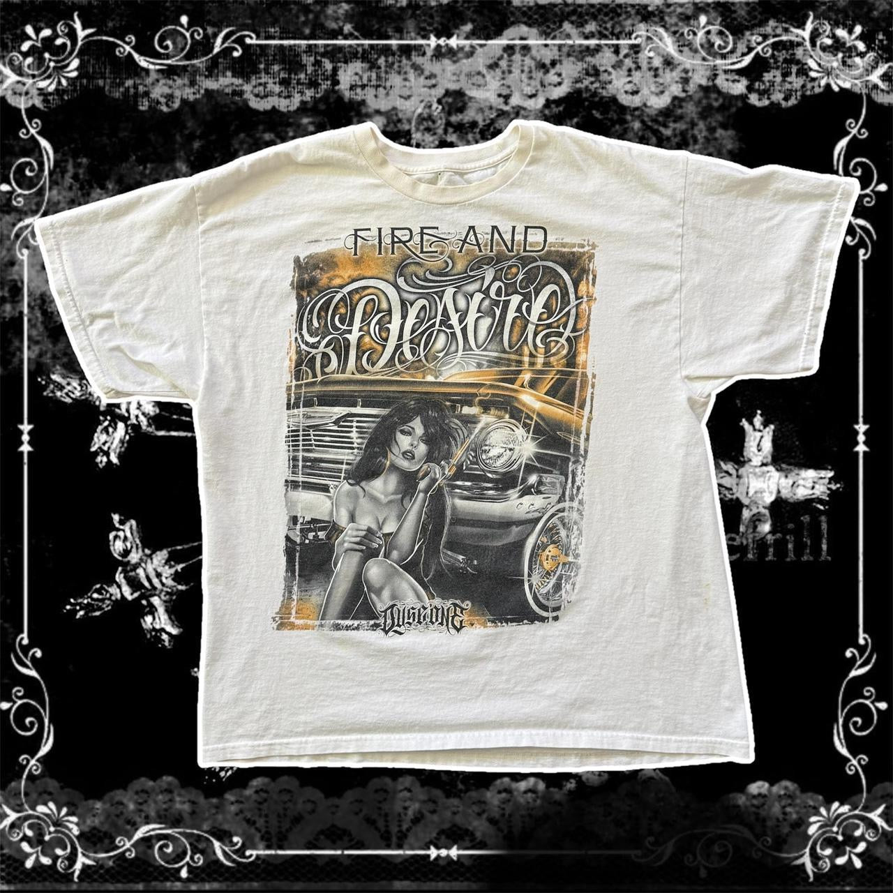 white low rider fire & desire chicano women graphic mens shirt