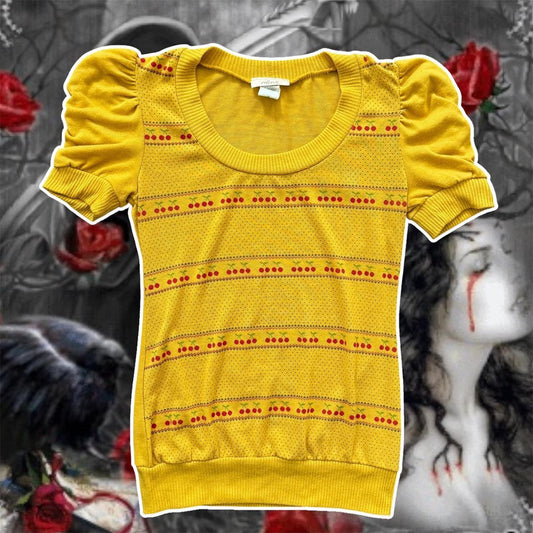mustard yellow cherry y2k sweater puffy sleeve shirt