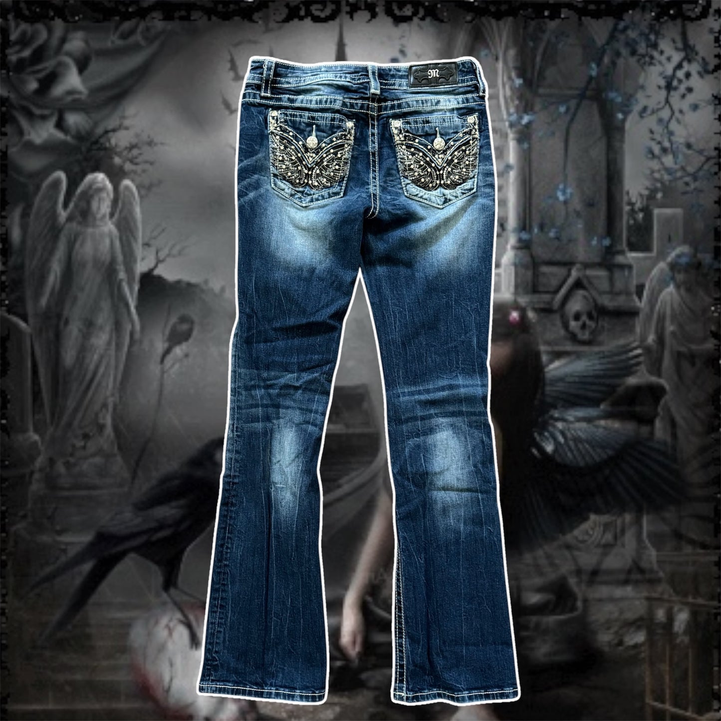 denim blue miss me rhinestone angel wings