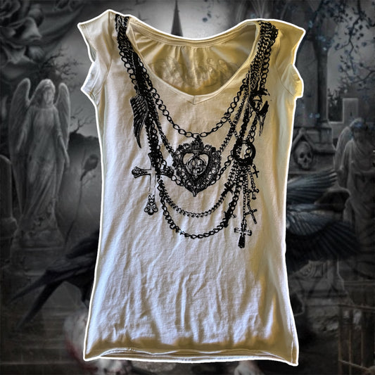 white & black cybery2k cross necklace graphic shirt (S)