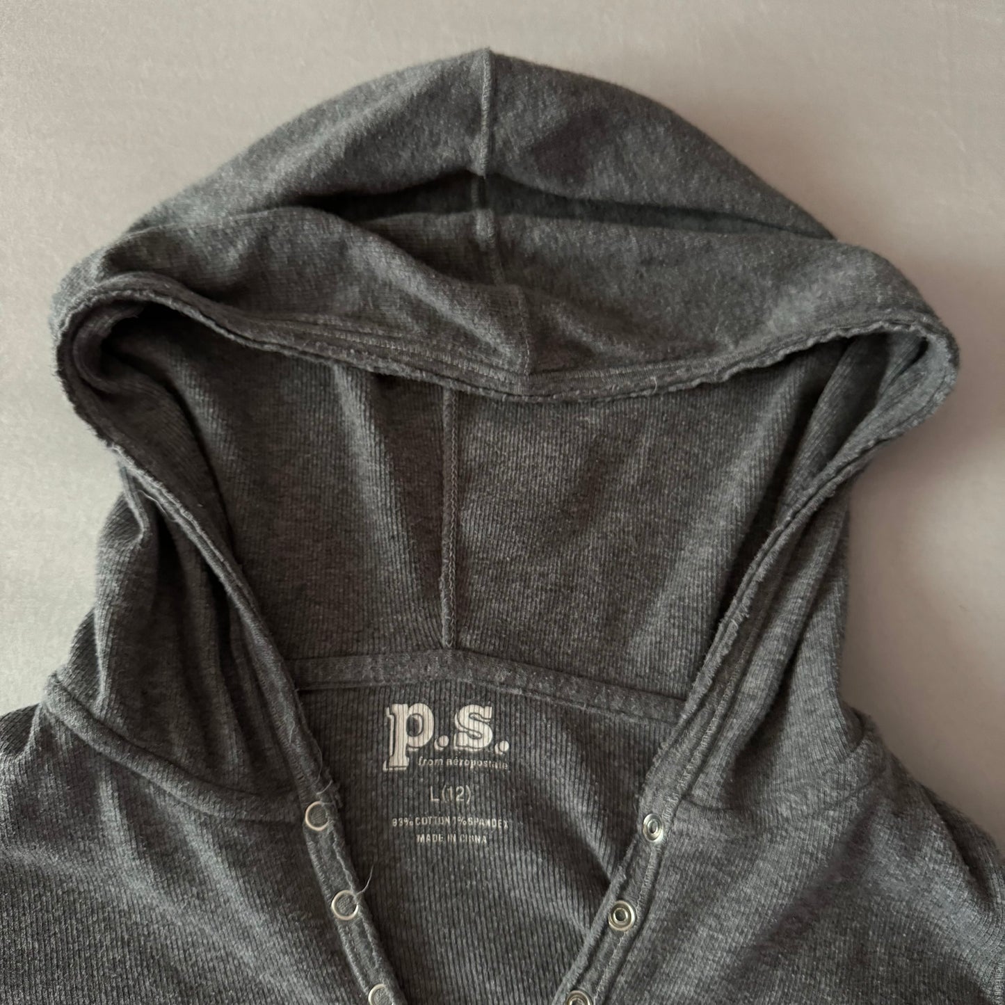 Grey ‘P.S Aeropostale’ Henley Style Stretchy Hoodie Long Sleeve Shirt