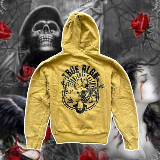 mustard yellow true religion zip up hoodie jacket
