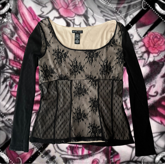 Black & Creme ‘New York & Company’ Grungy Lace Babydoll Long Sleeve Top