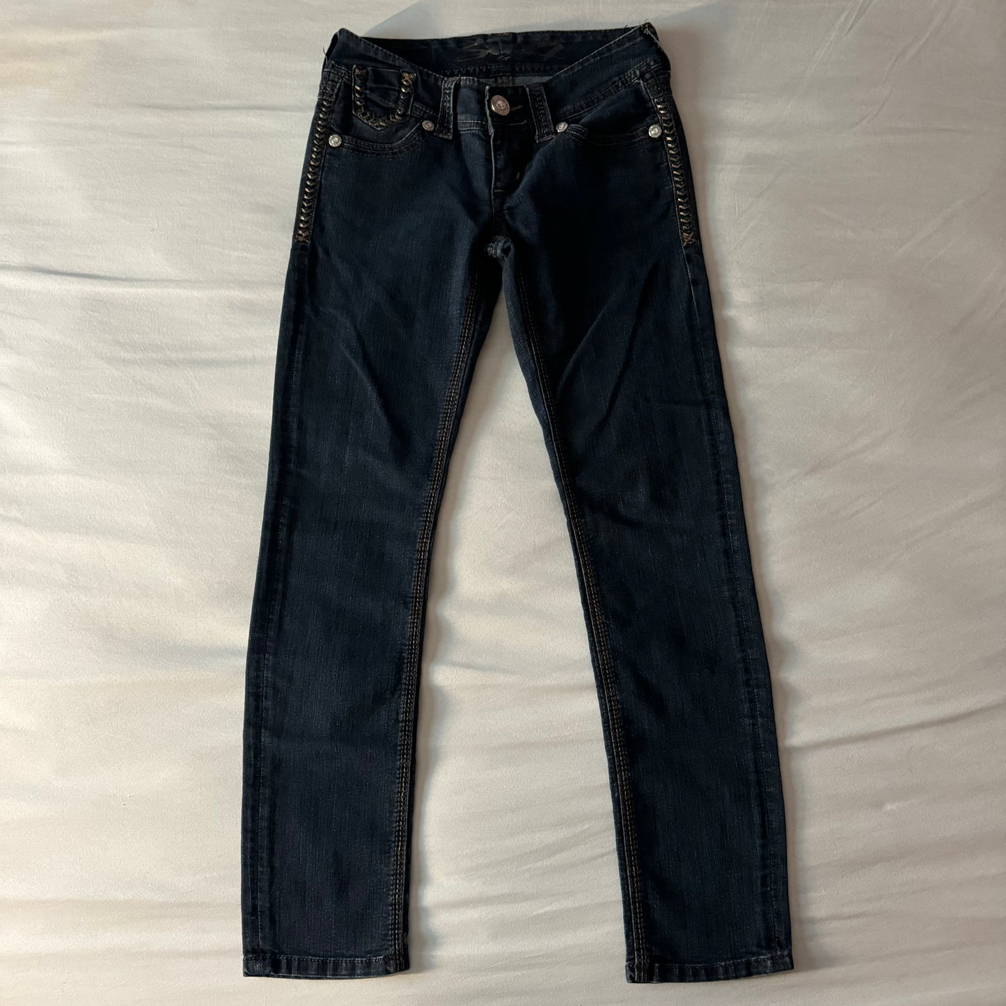 Dark Denim Blue ‘Seven 7’ Gold Stitching Lowrise Slim Straight Jeans