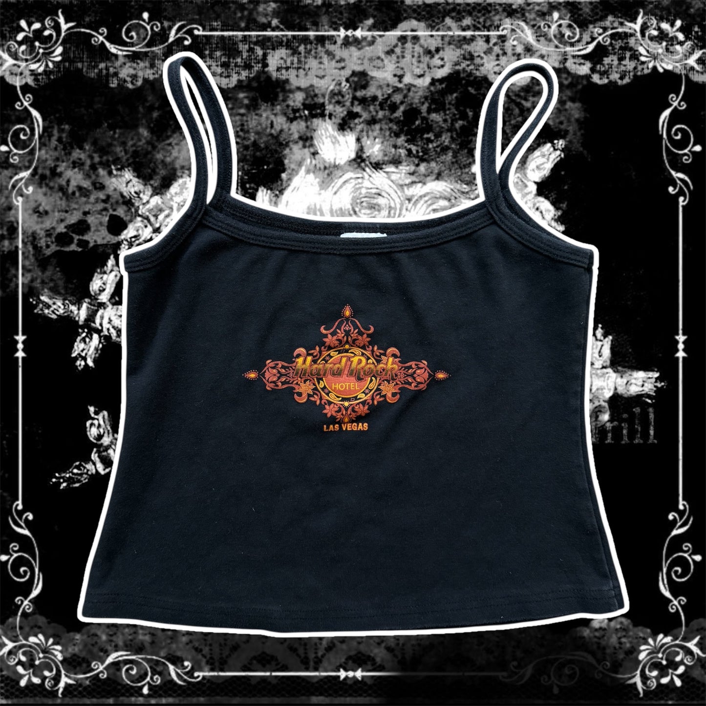black & orange hard rock y2k las vegas cropped top