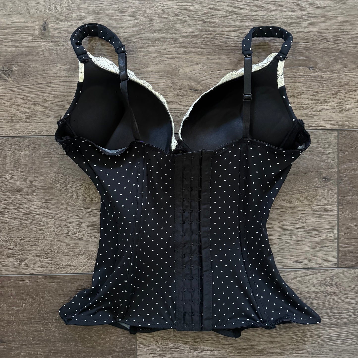 navy blue & white polka dot lace trim corset top