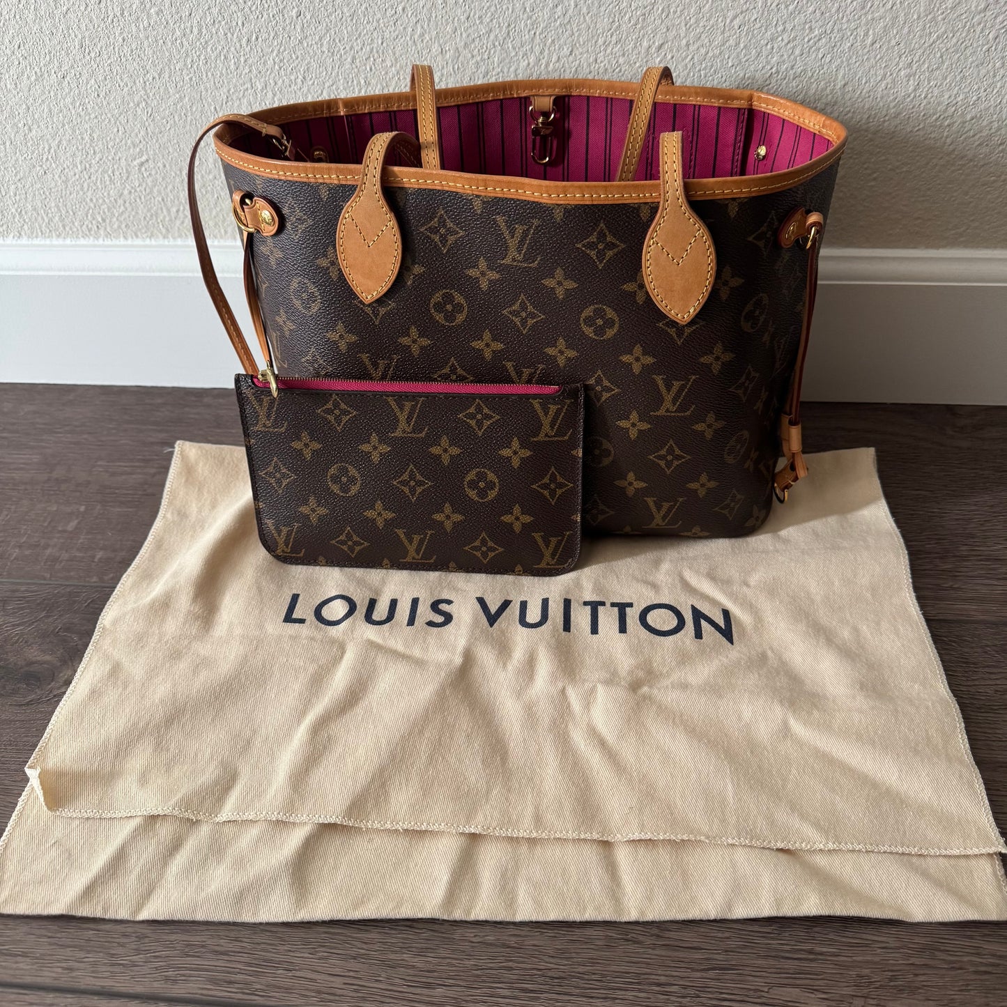 louis vuitton neverfull pm pivoine w/ pochette authentic