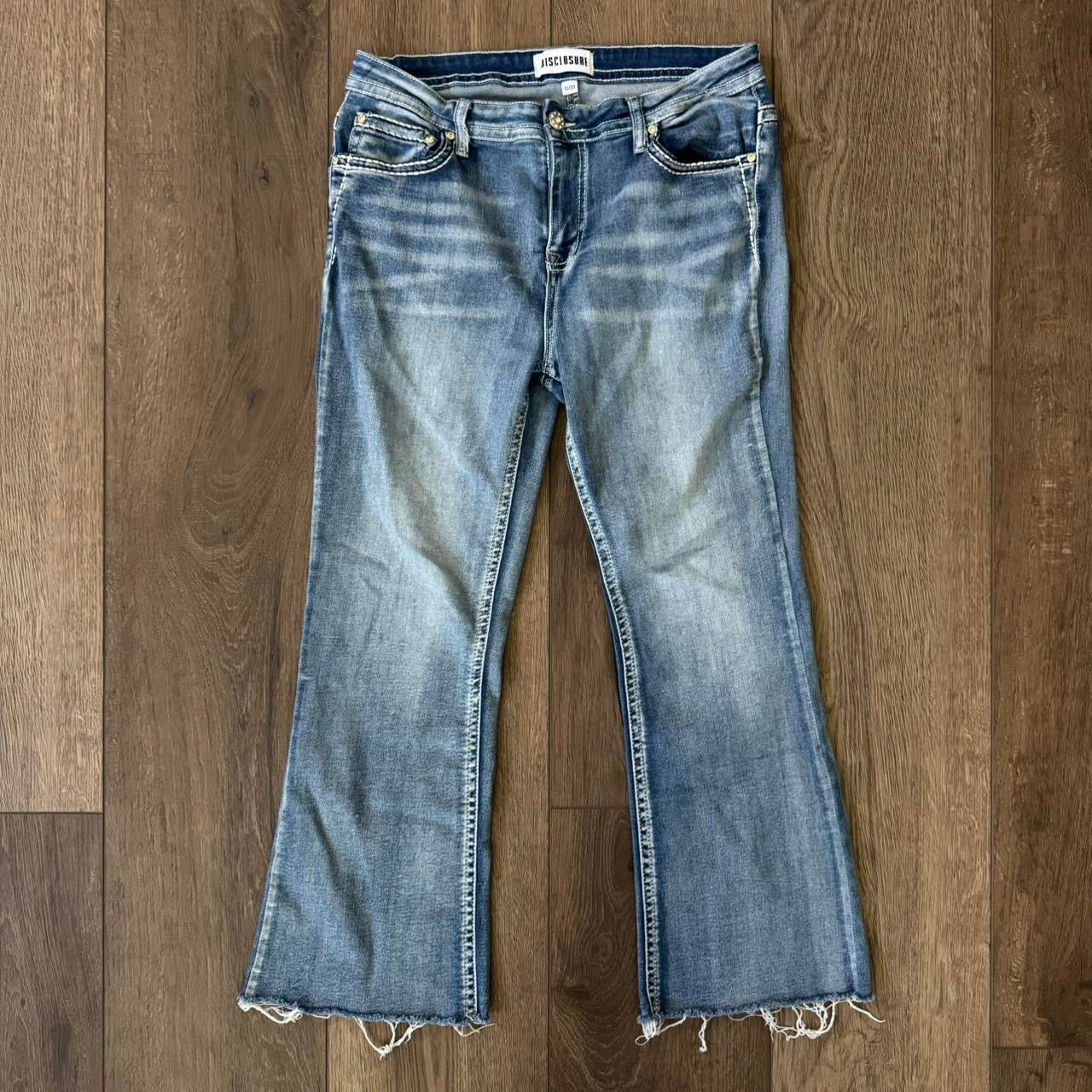 light blue distressed y2k rhinestone embellished contrast stitching highrise bootcut jeans