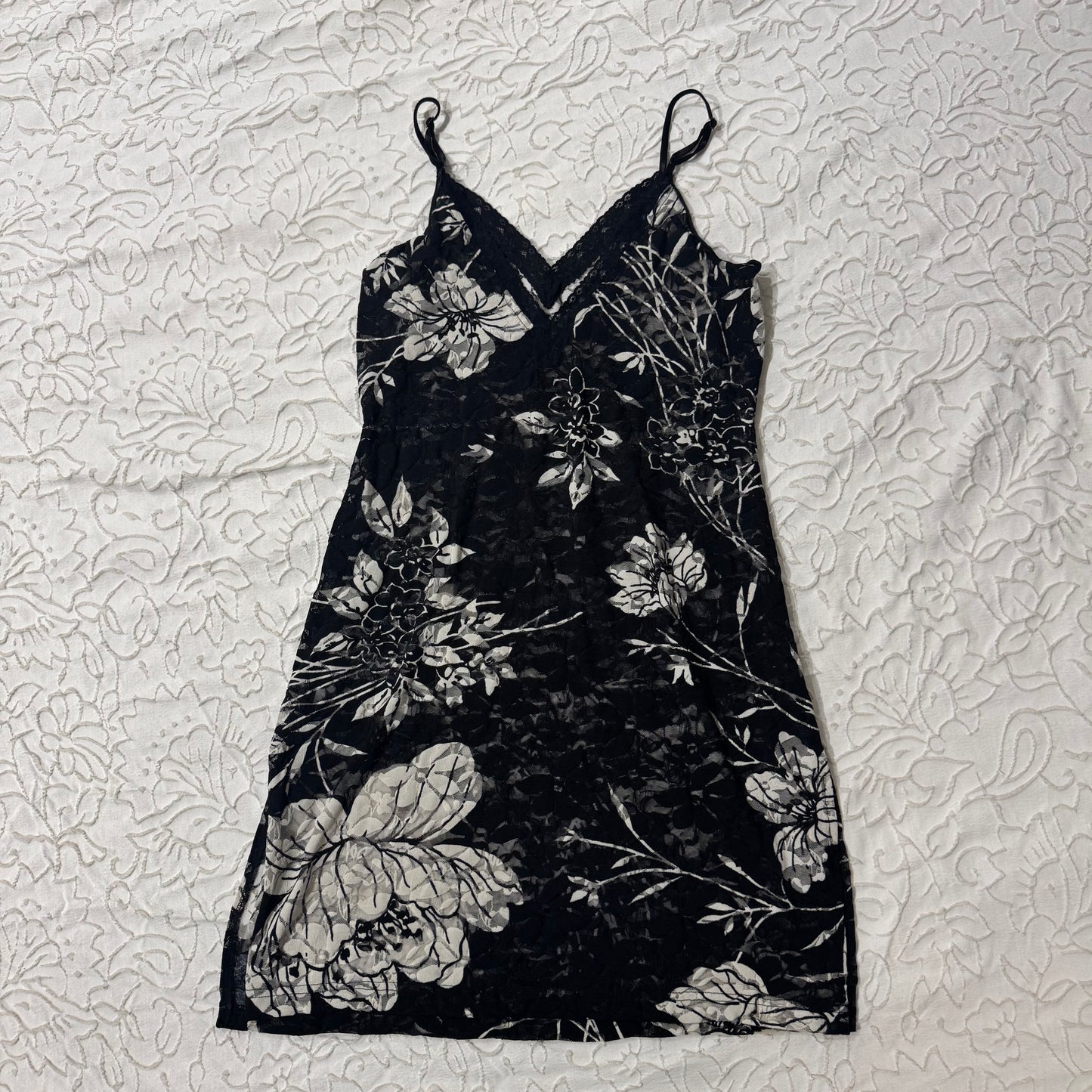 Black & White Mesh Floral Lace Trim Slip Dress