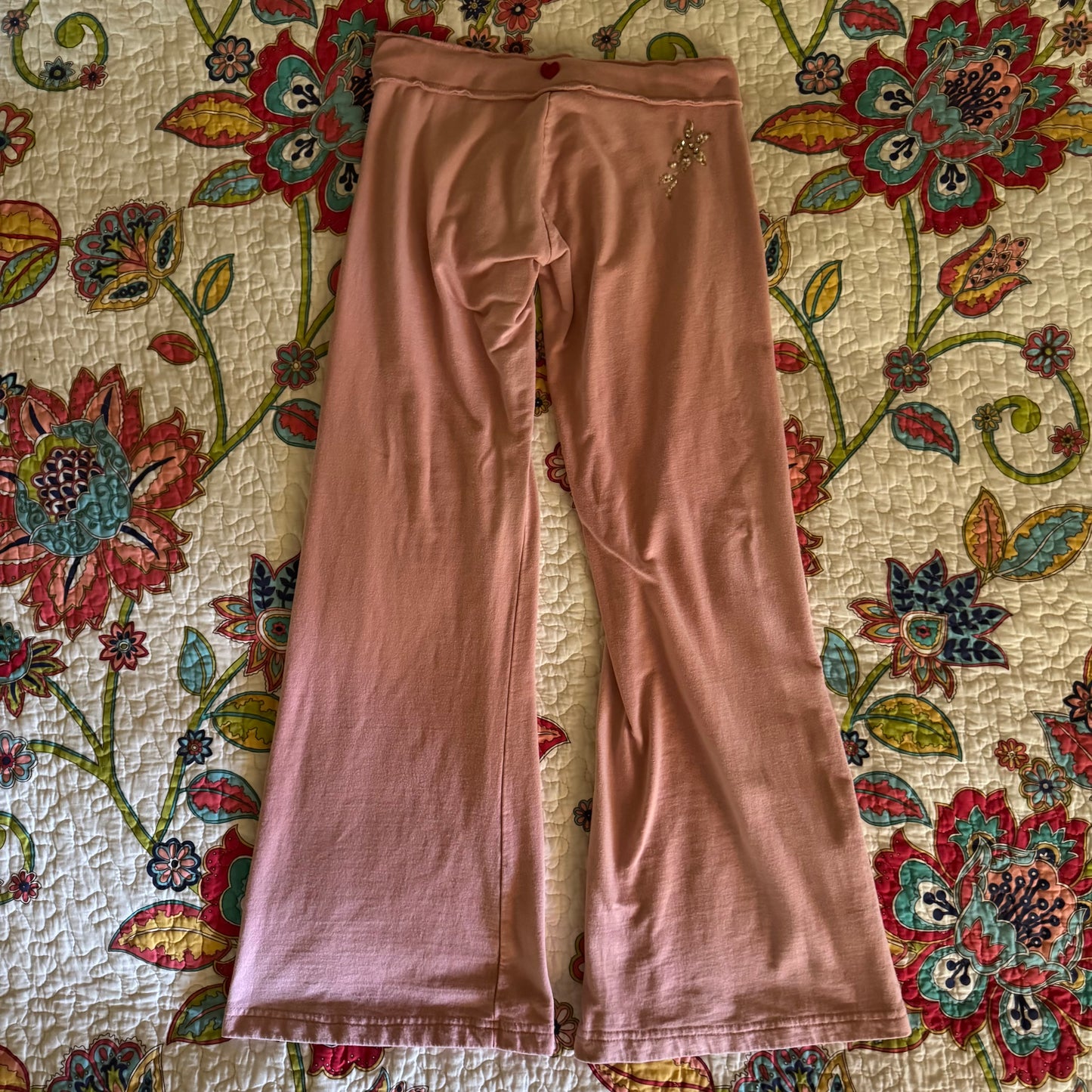 light pink twisted heart rhinestone embellishment low rise flare sweats (S)