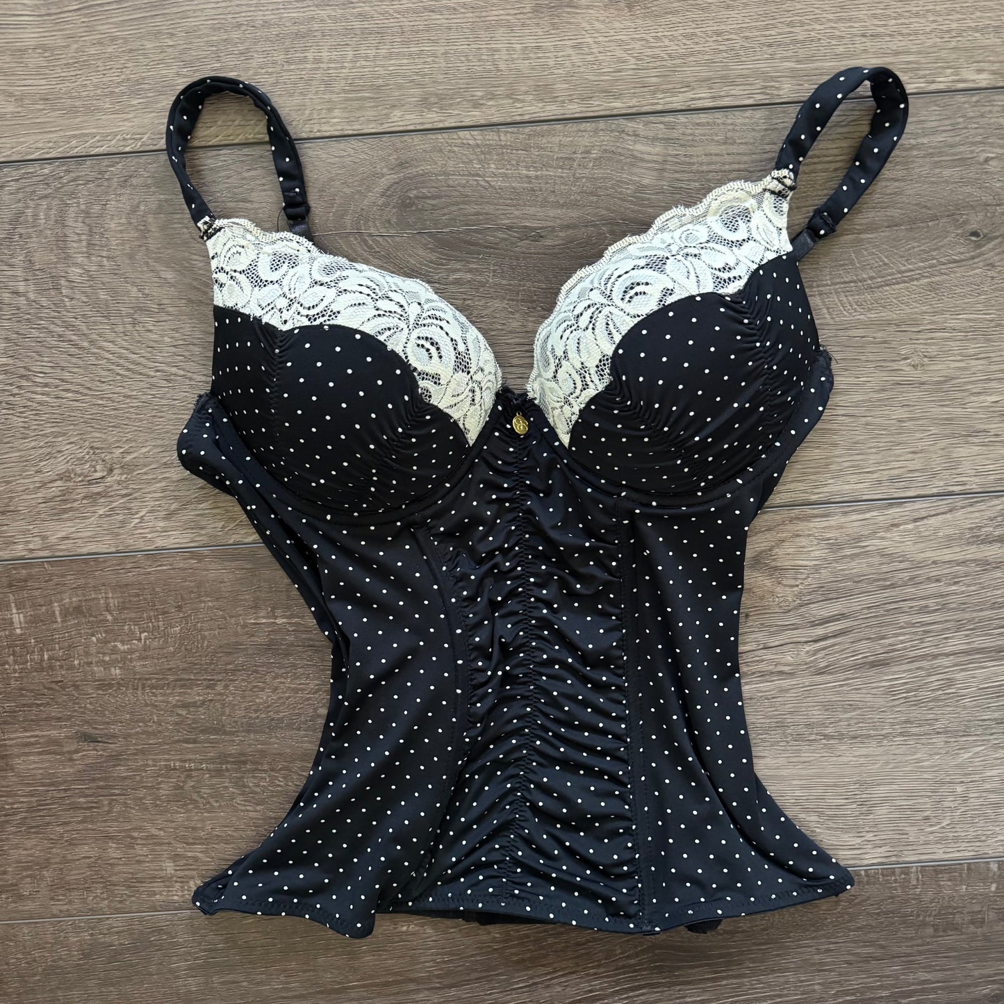 navy blue & white polka dot lace trim corset top