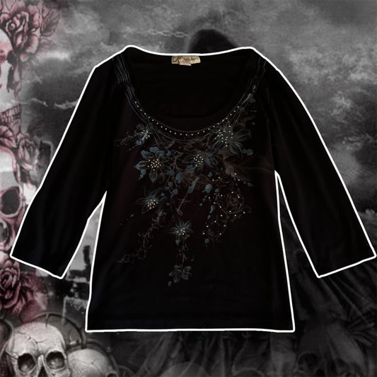 blue and black floral rhinestone y2k 3/4 sleeve blouse (M)