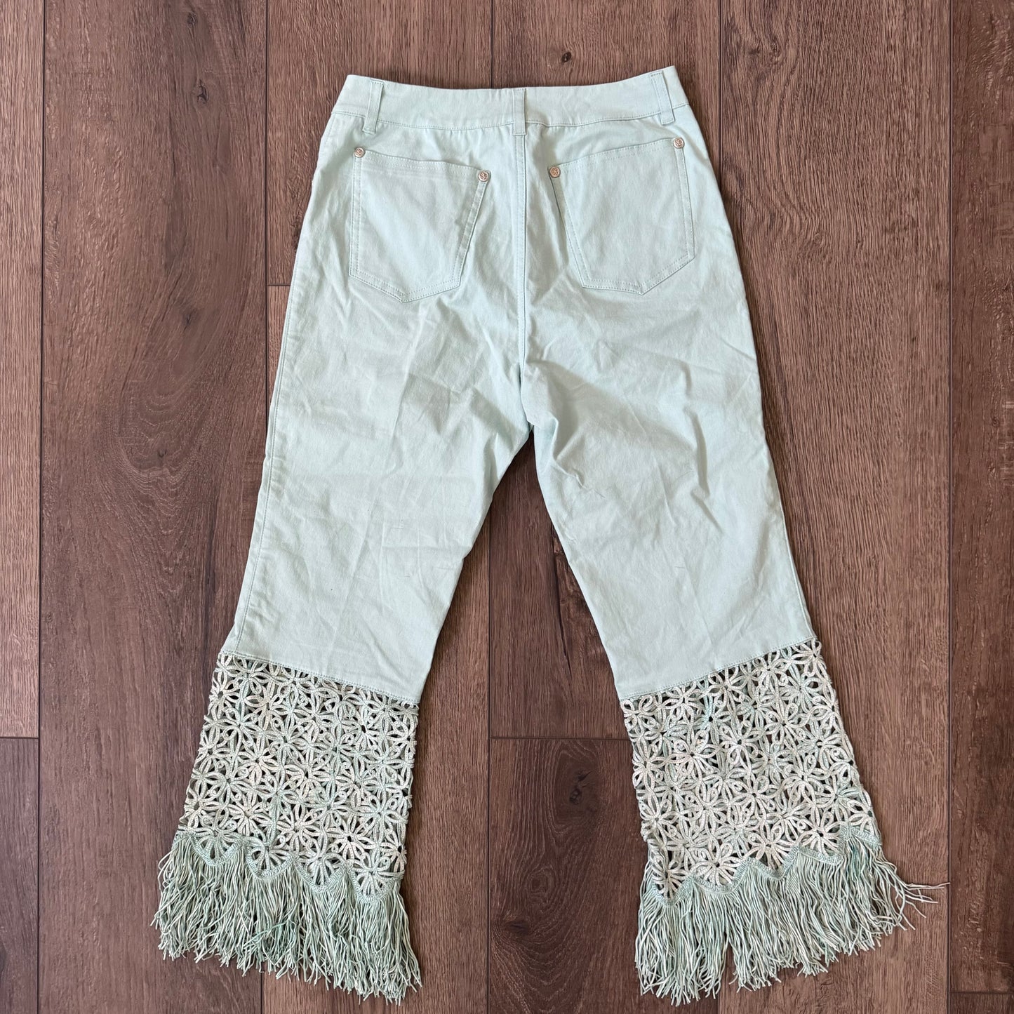 teal blue euro italian designer high waisted fringe capri pants