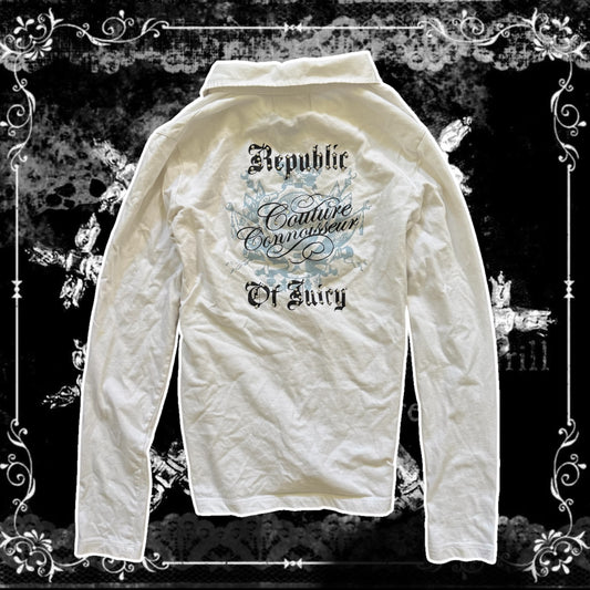 white y2k juicy couture connoisseur v neck long sleeve shirt