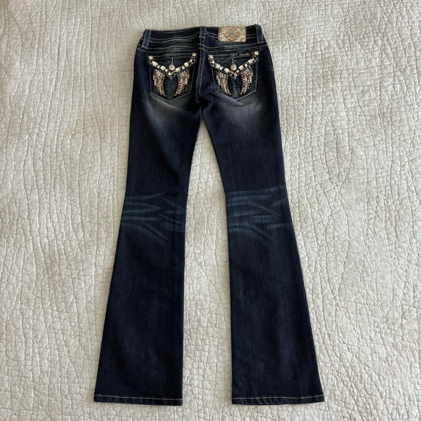 Dark Denim Blue ‘Miss Me’ Y2K Deadstock Embellished Angel Wings Bootcut Lowrise Jeans