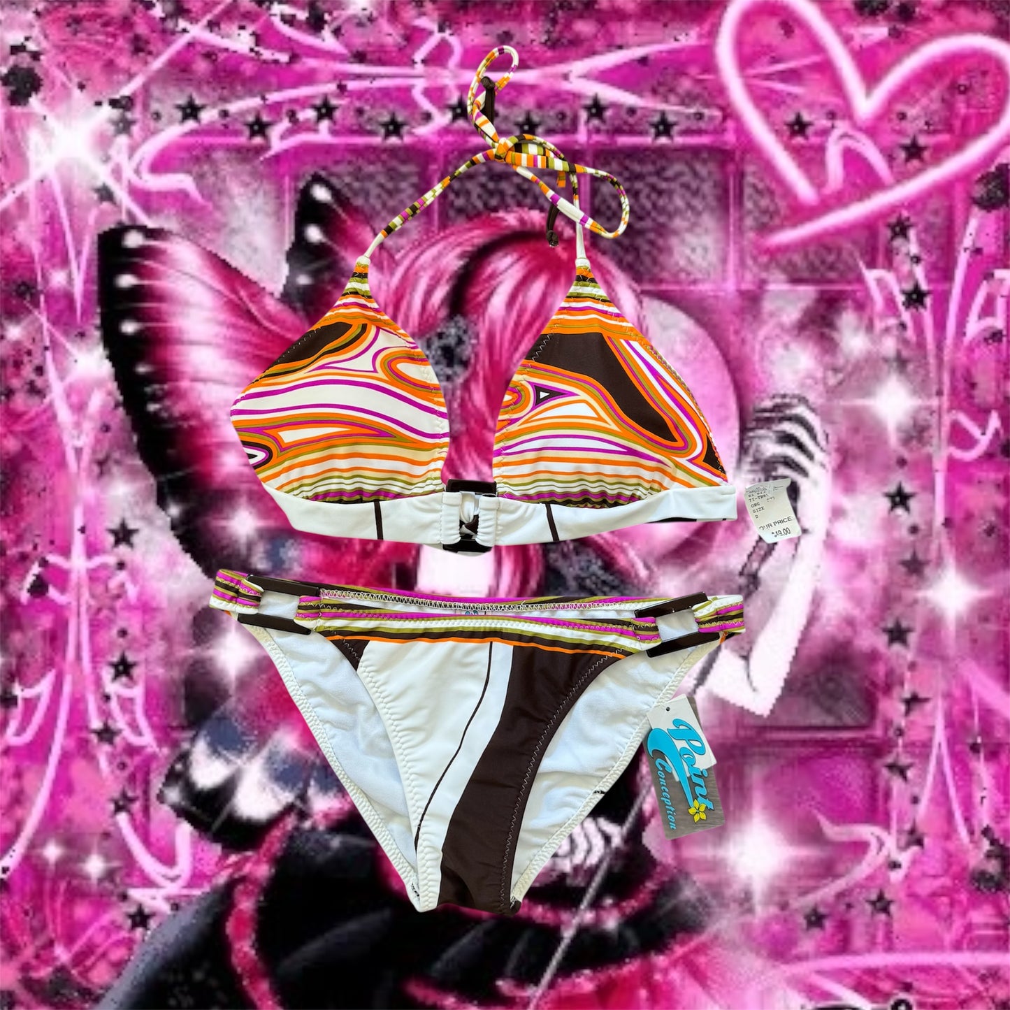 Multicolored ‘Point Conception’ Deadstock Y2K Bikini Set