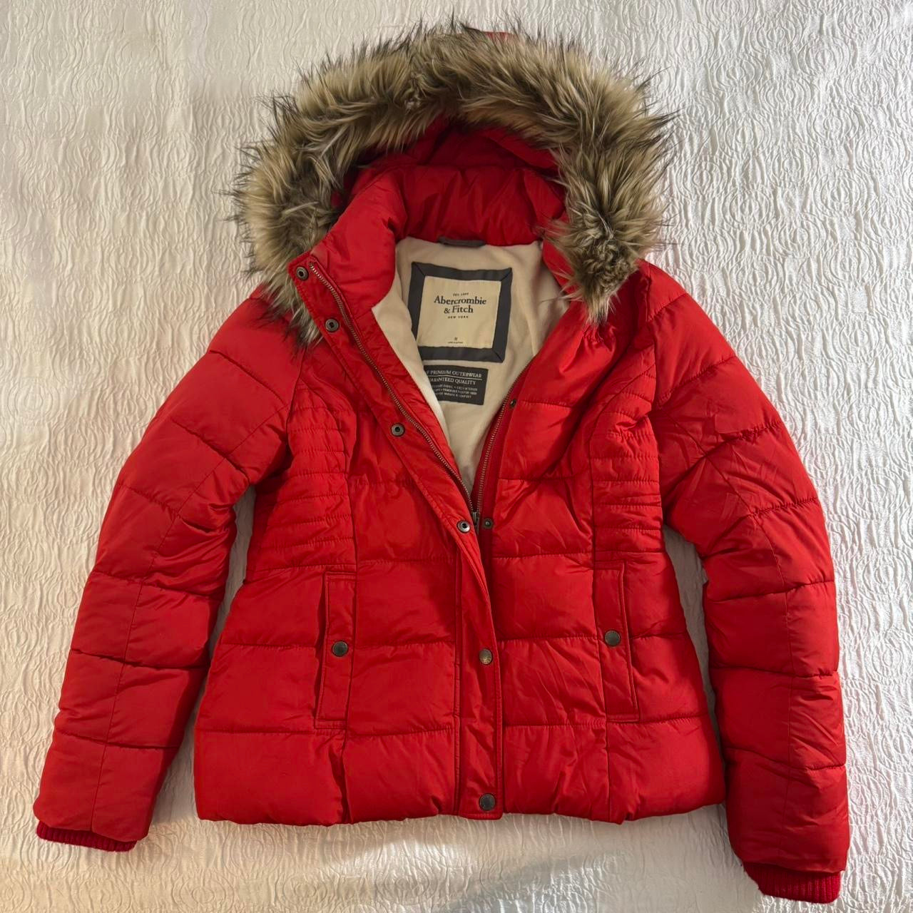 red abercrombie & fitch puffer fur trim premium jacket