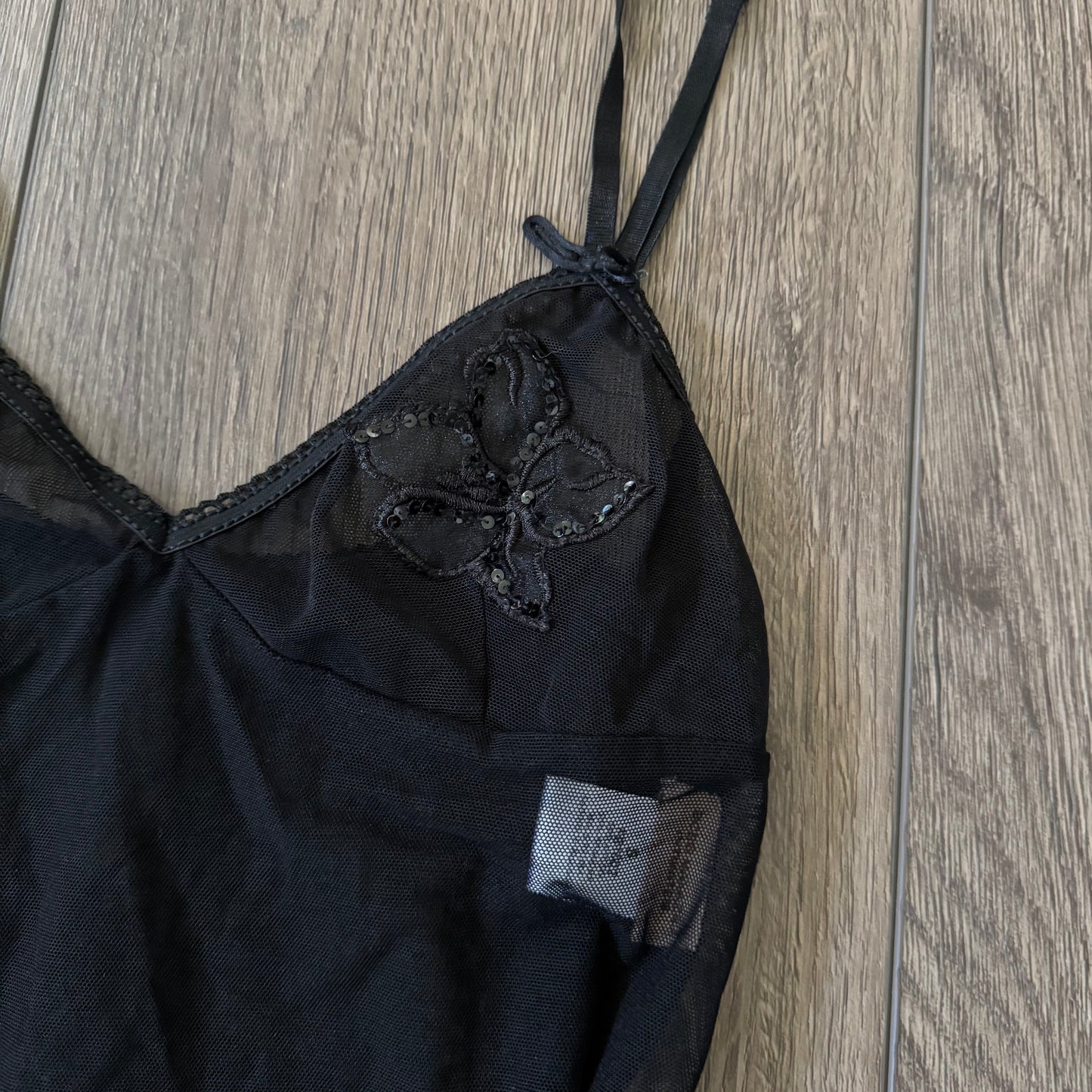 black lace floral sequin mesh cami top