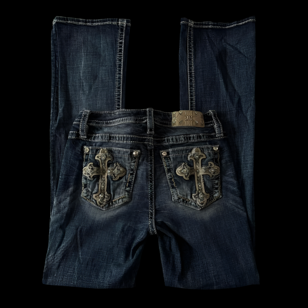 Denim Blue ‘Missme’ Aztec Embroidered Cross Bootcut Midrise Jeans