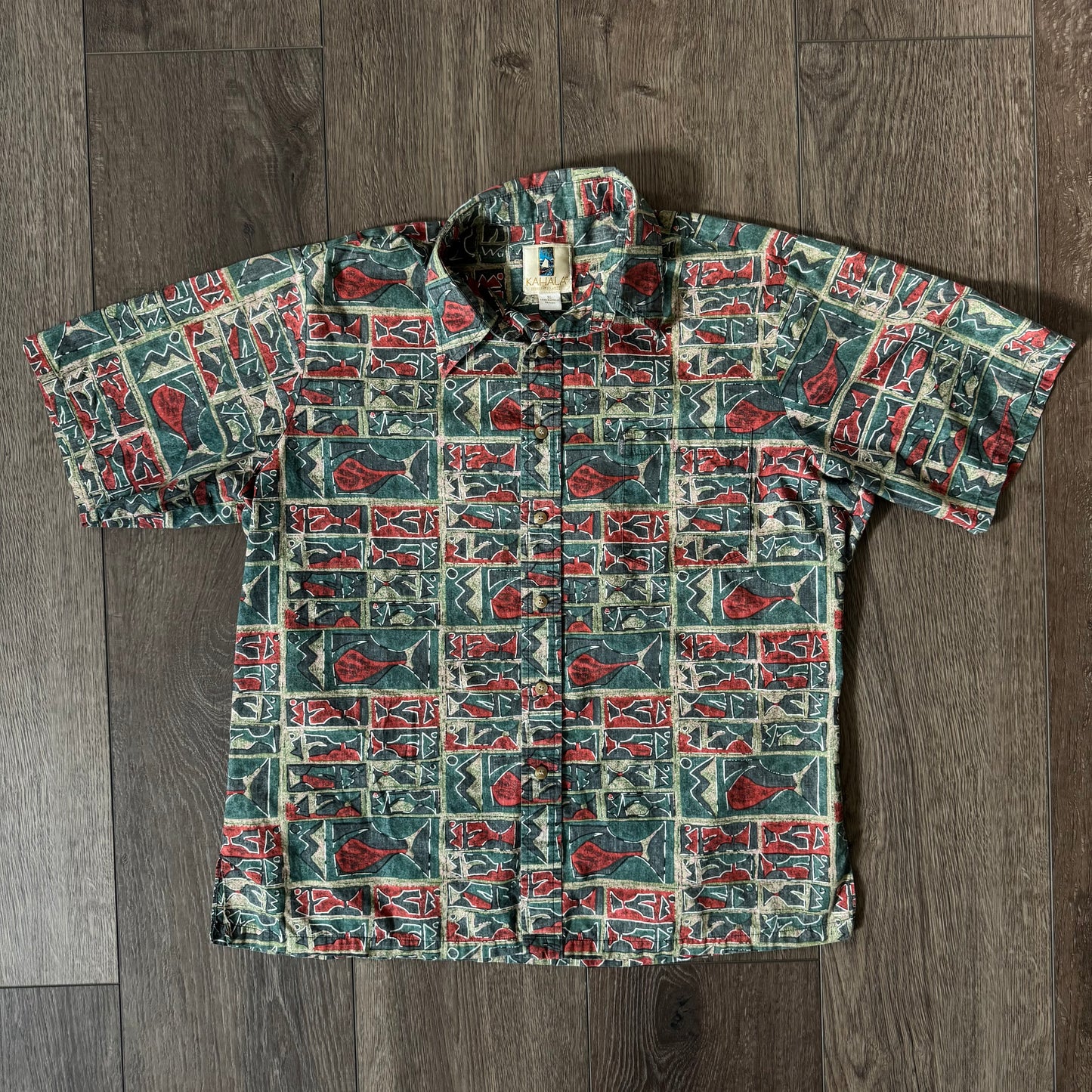 green & red fish hawaiian vintage polo button up mens shirt