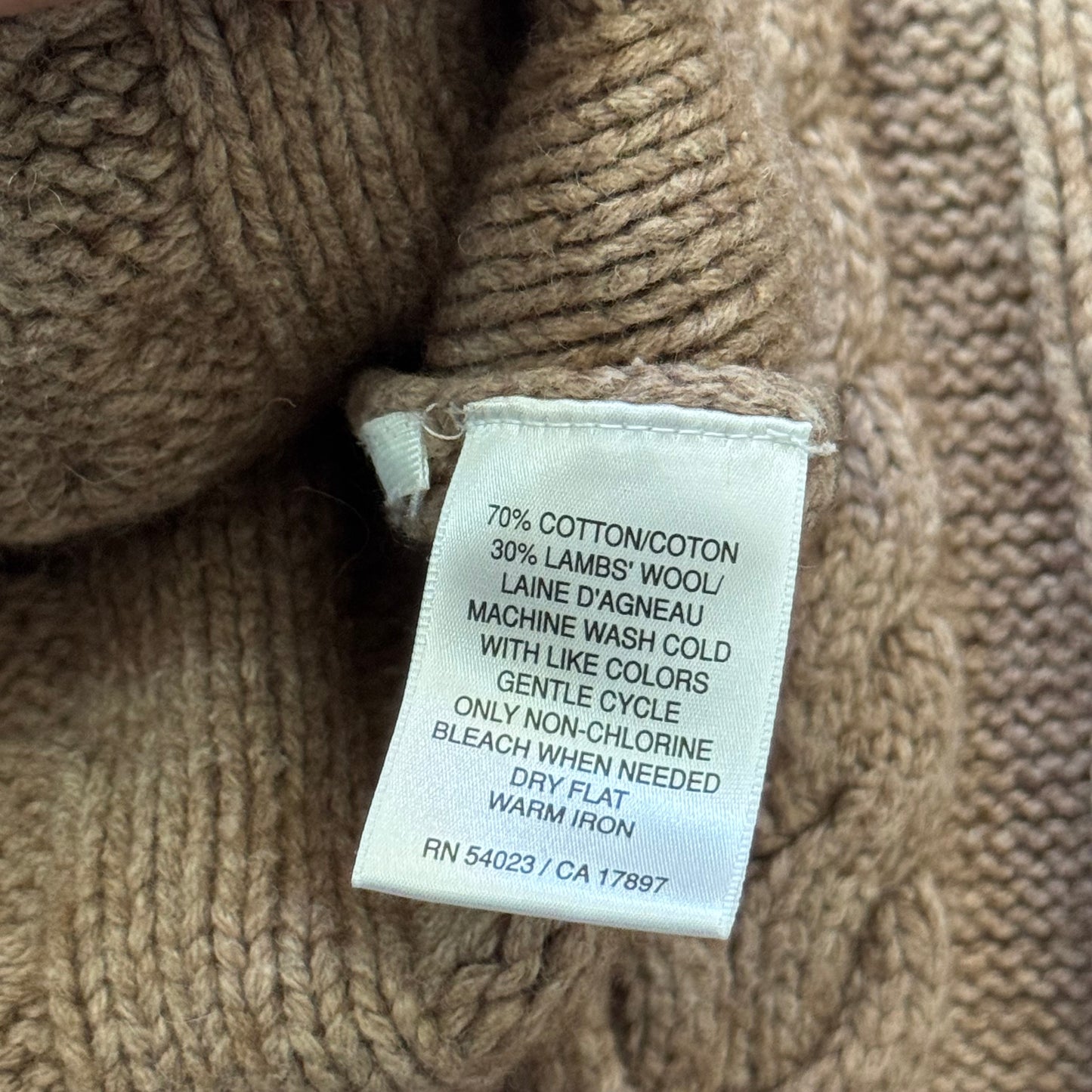brown cable knit lambs wool long sleeve sweater