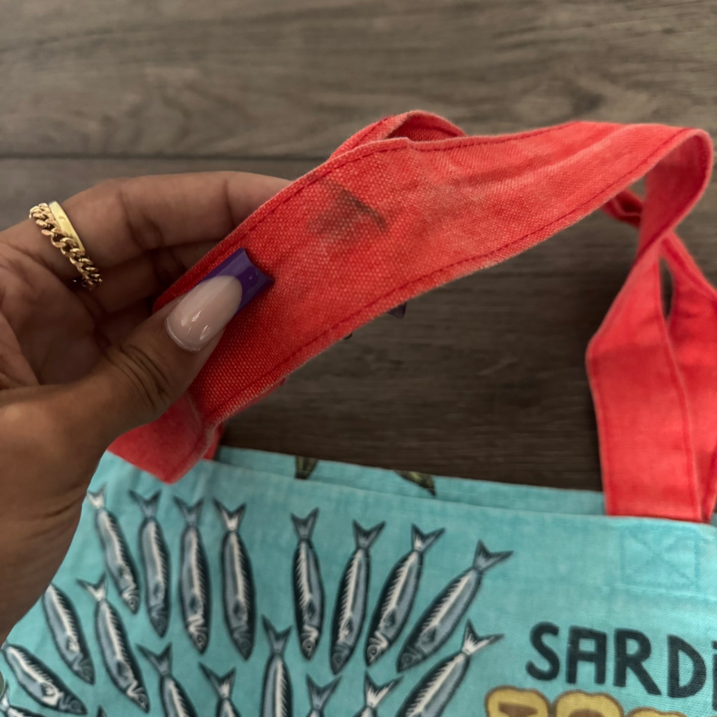 vibrant teal and red trader joe’s sardines tote bag