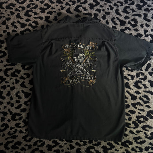 black columbia skull grey ghost fight club collared shirt (L)