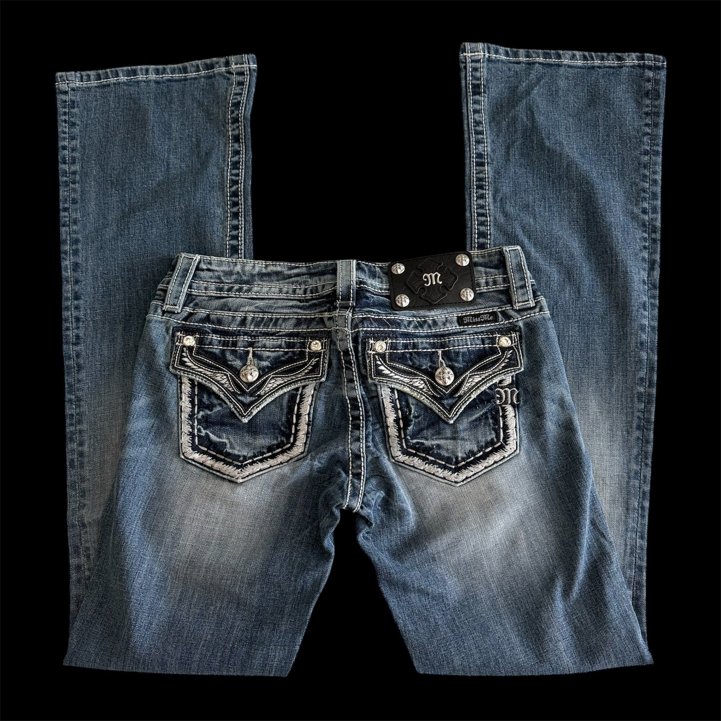 Denim Blue ‘Miss Me’ Deadstock Y2K Contrast Stitching Lowrise Bootcut Jeans