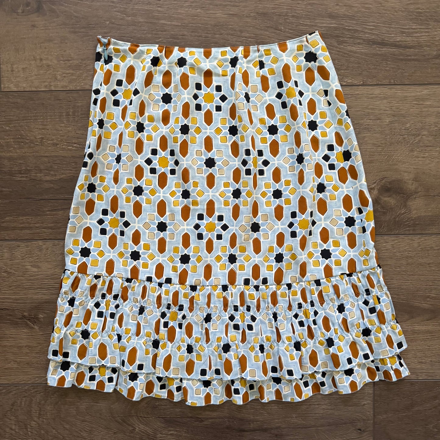 blue multicolored prada tiered midi skirt