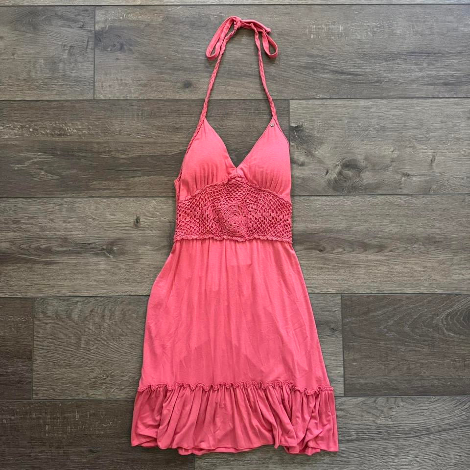 pink guess halter crochet detailing dress