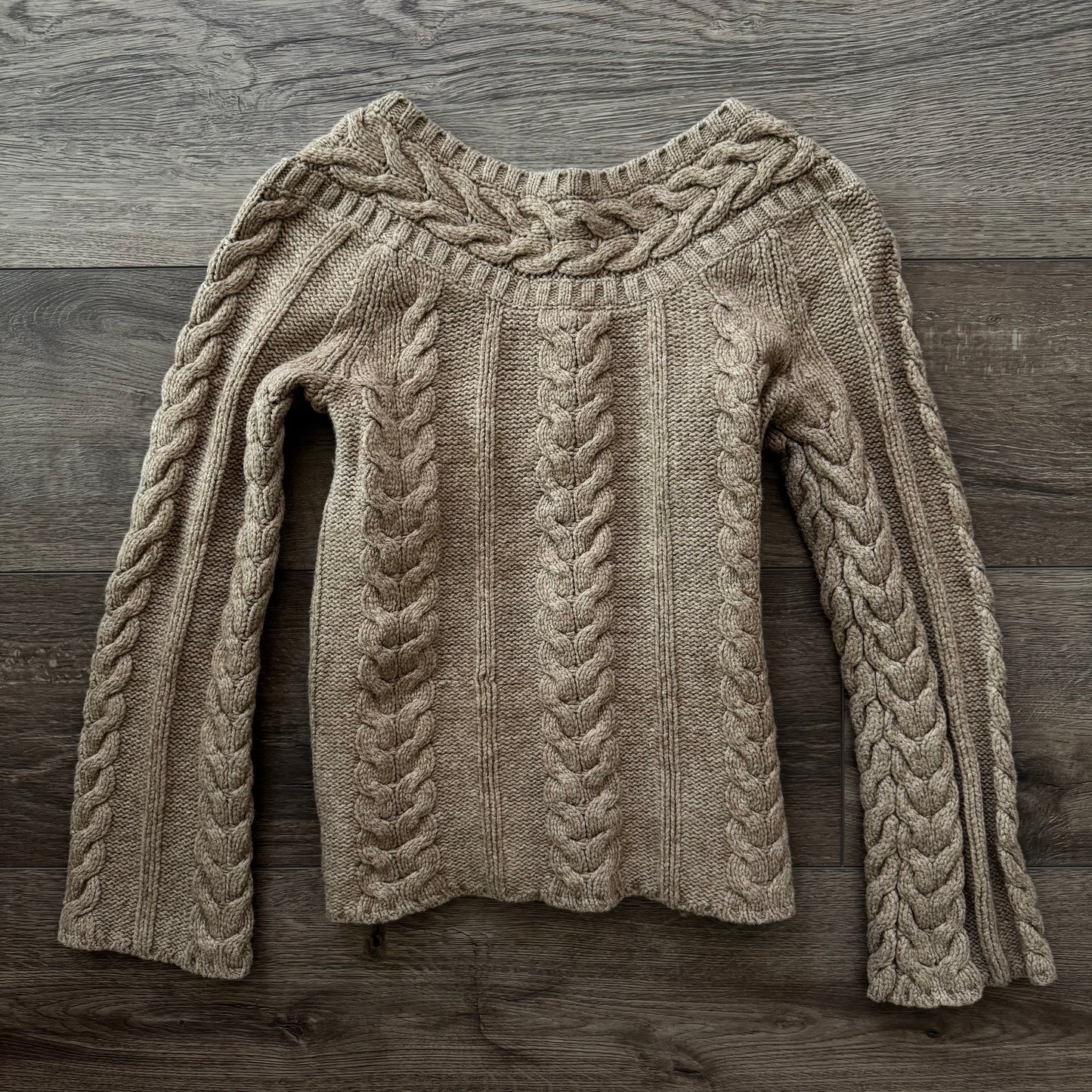 brown cable knit lambs wool long sleeve sweater