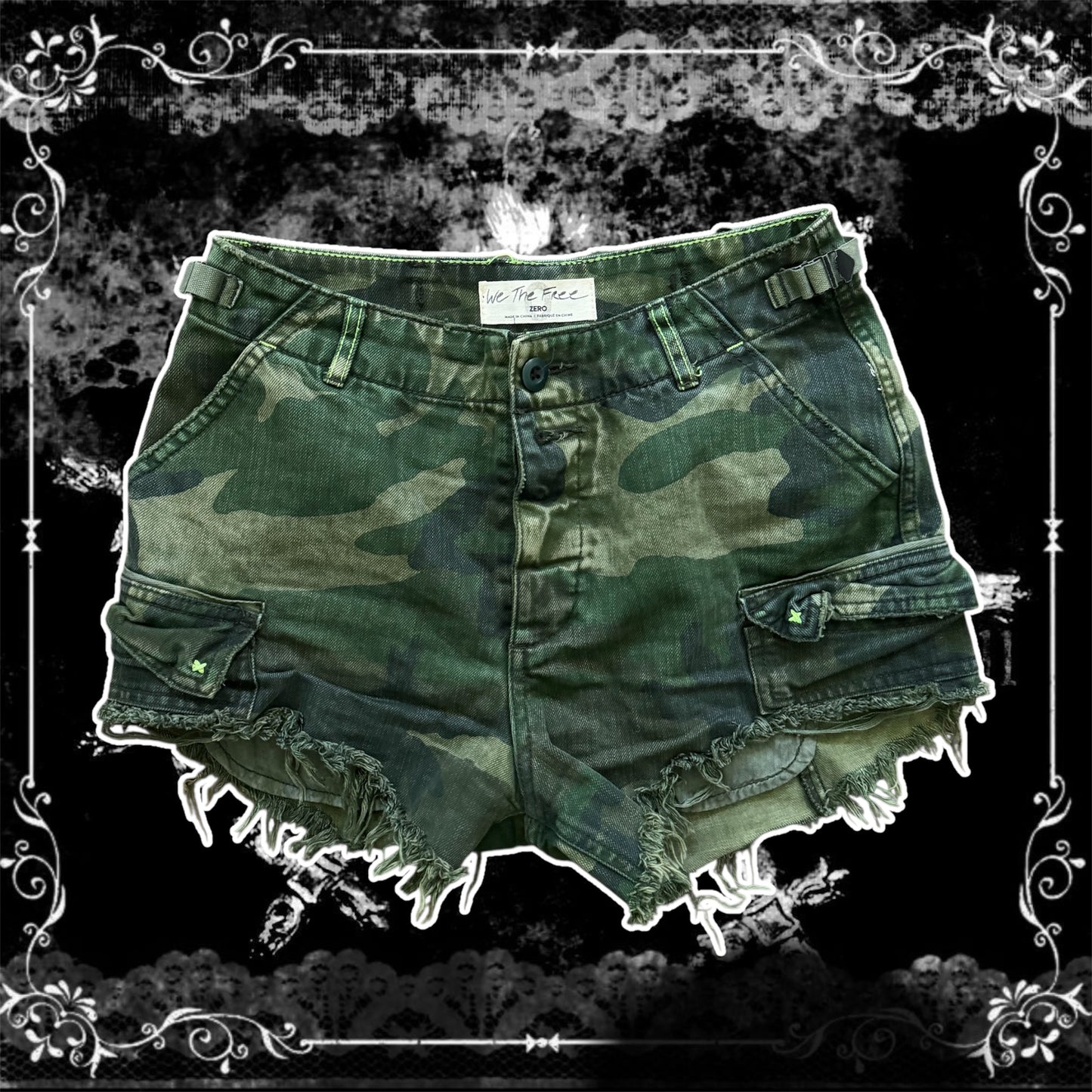 green camo commander distressed shorts
