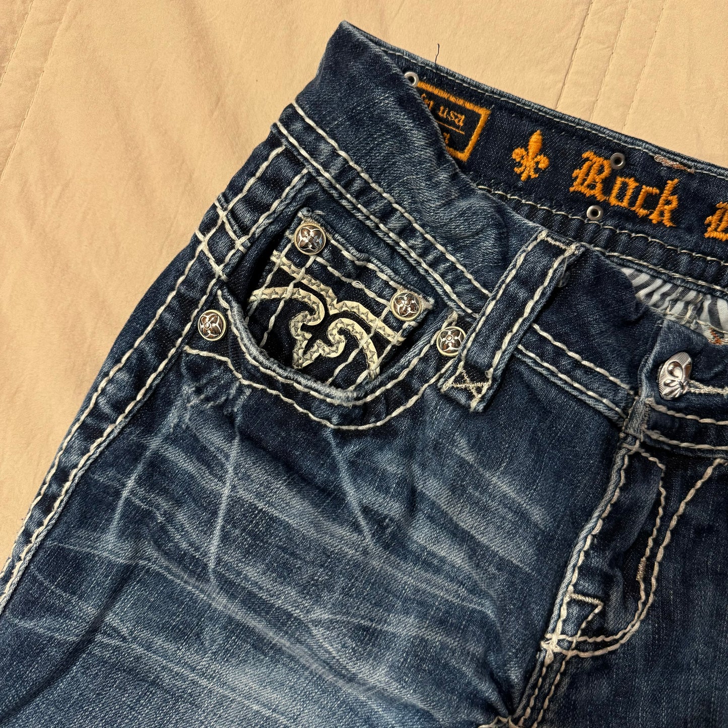 Denim Blue ‘Rock Revival’ Mcbling Embellished Y2K Lowrise Slim Straight Jeans