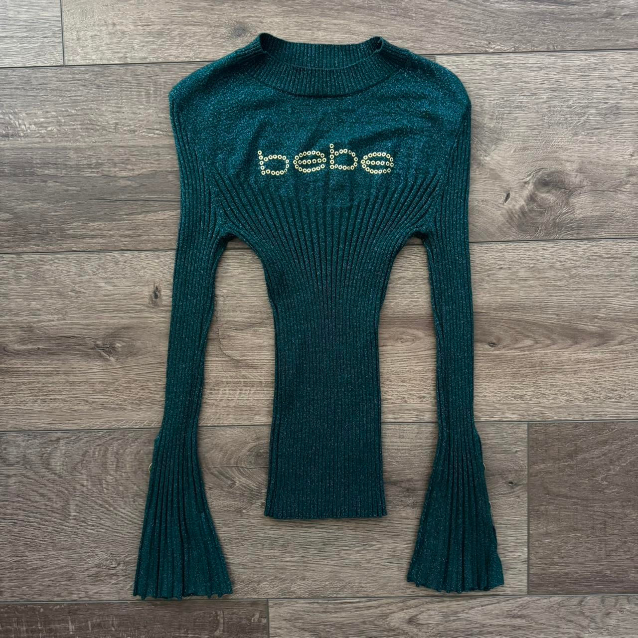 emerald green y2k studded bebe bell sleeve sweater