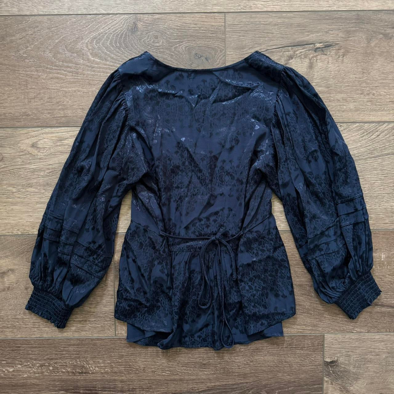 navy blue floral whimsyfairy tie back blouse