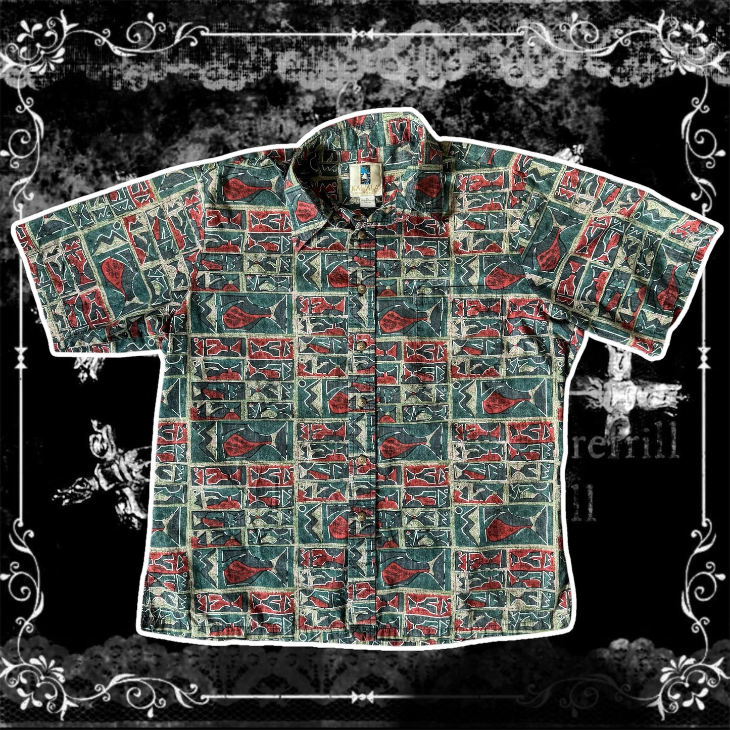 green & red fish hawaiian vintage polo button up mens shirt