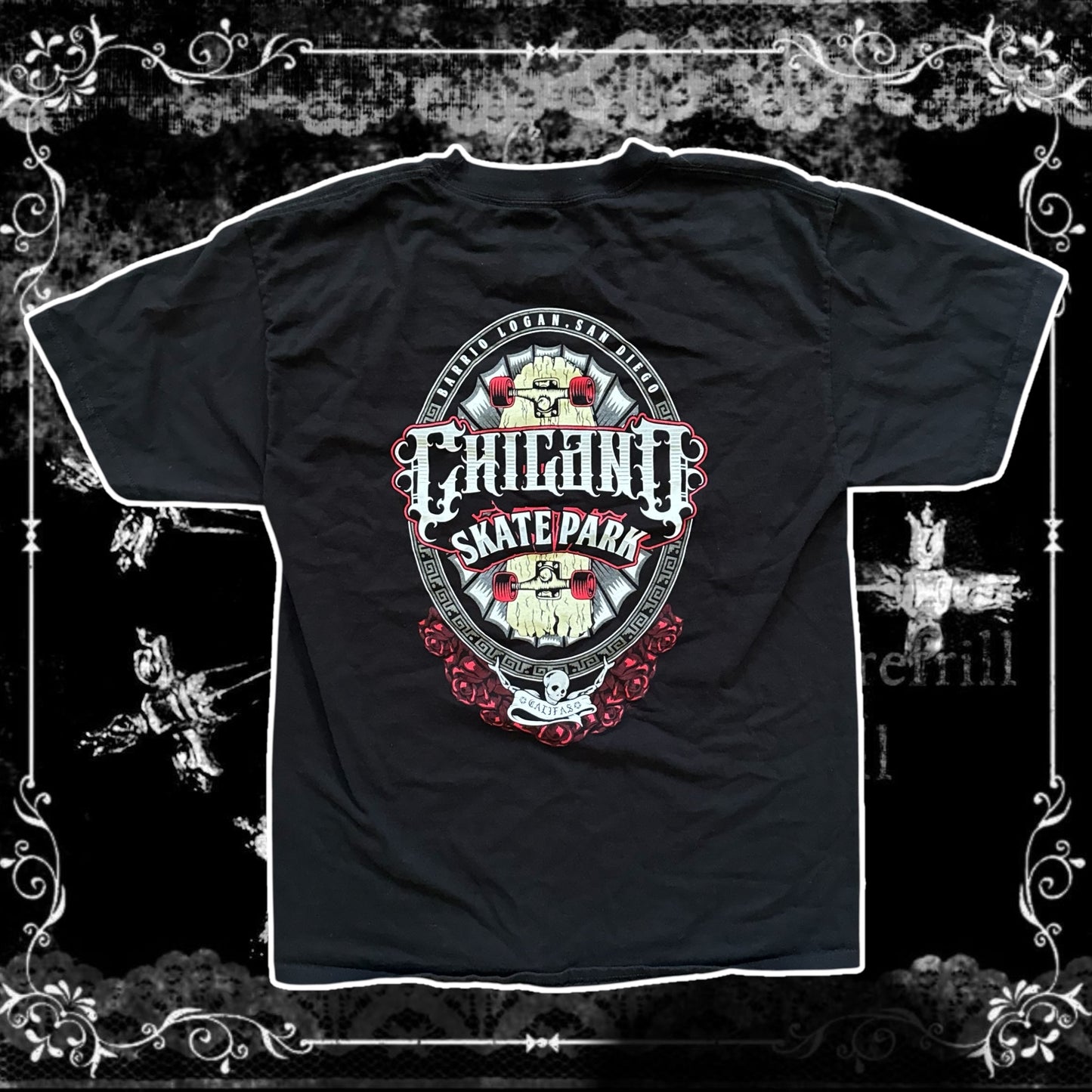 black chicano skate san diego park graphic t shirt