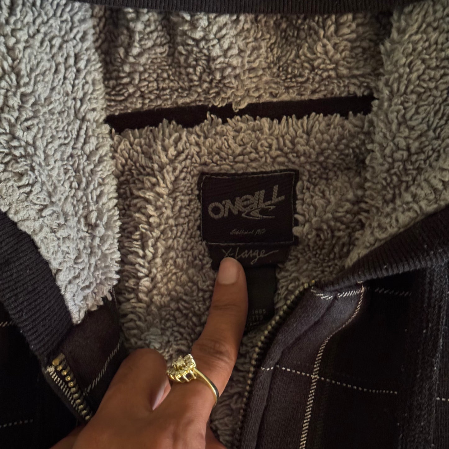 black & gray o’neil plaid sherpa y2k surfer zip up jacket (xl)